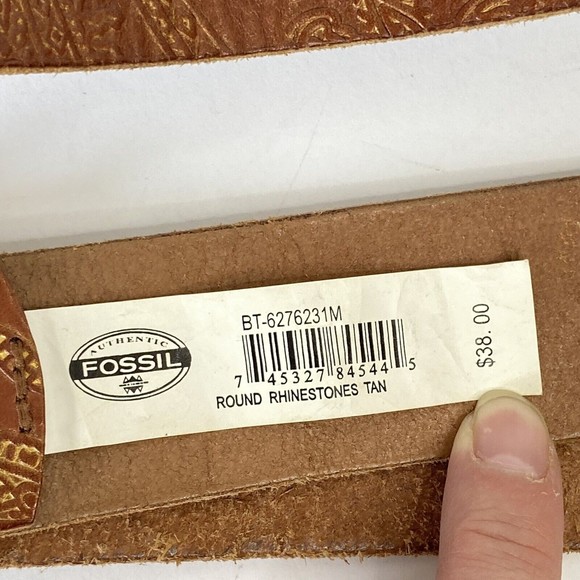 Fossil Womens Brown Gold Leather Tooled Belt Brass Floral Medallion Buckle sz M - Picture 12 of 12